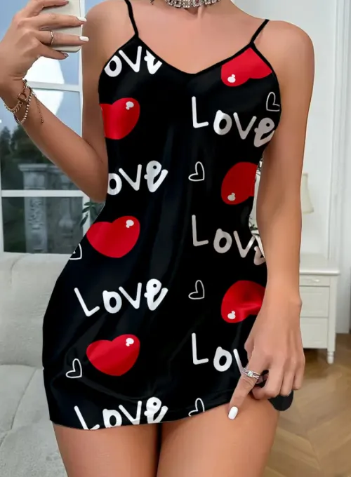 Love Desenli Siyah Saten Gecelik - 2