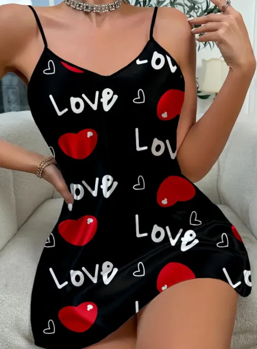 Love Desenli Siyah Saten Gecelik - 5