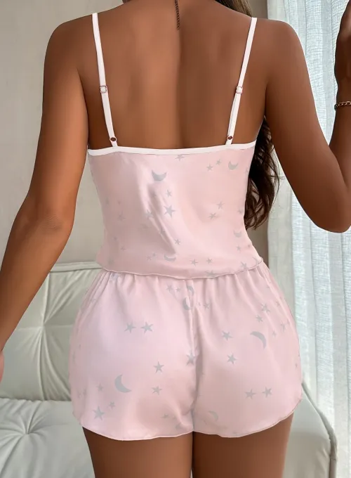 Gökyüzü Desenli Pembe Saten Şortlu Gecelik Takım - 3