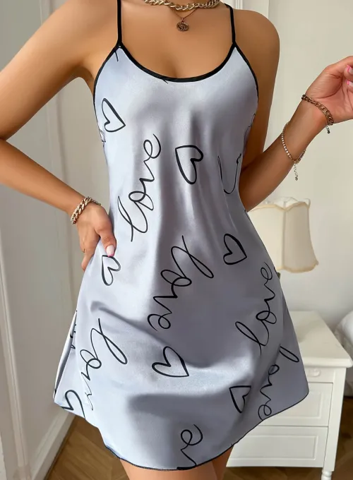 Love Baskılı Gri Saten Gecelik - 2