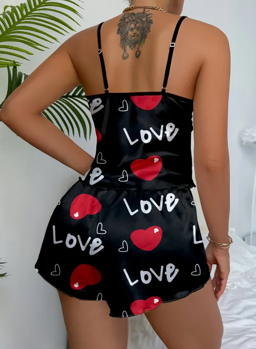 Aşk Temalı Kalp Desenli Siyah Saten Şortlu Gecelik Takım - 3