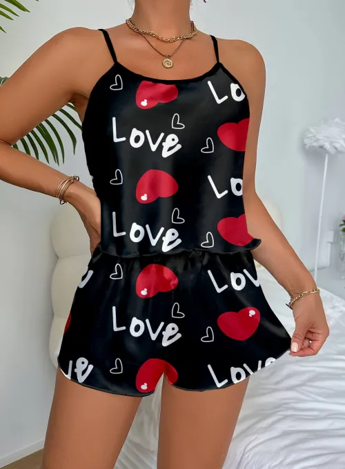Aşk Temalı Kalp Desenli Siyah Saten Şortlu Gecelik Takım - 4