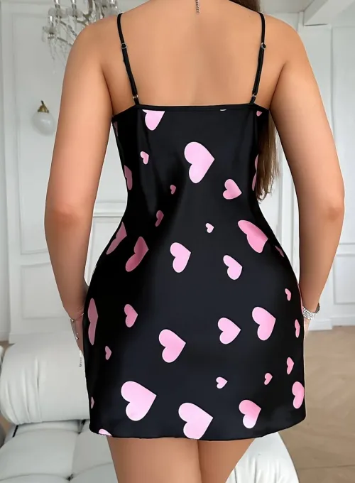 Pembe Kalp Desenli Siyah Saten Gecelik - 5