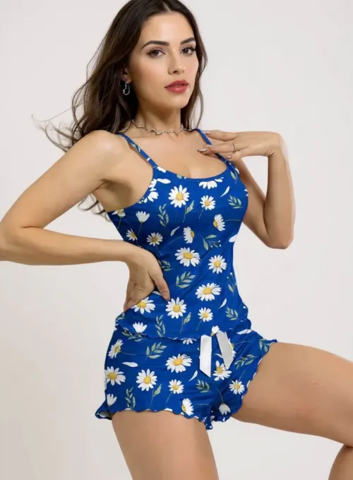 Papatya Desenli Mavi Askılı Şortlu Pijama Takımı - 4