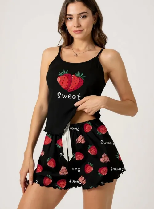 Çilek Baskılı Siyah Askılı Şortlu Pijama Takımı - 2