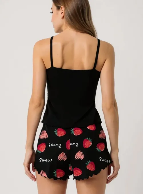 Çilek Baskılı Siyah Askılı Şortlu Pijama Takımı - 4