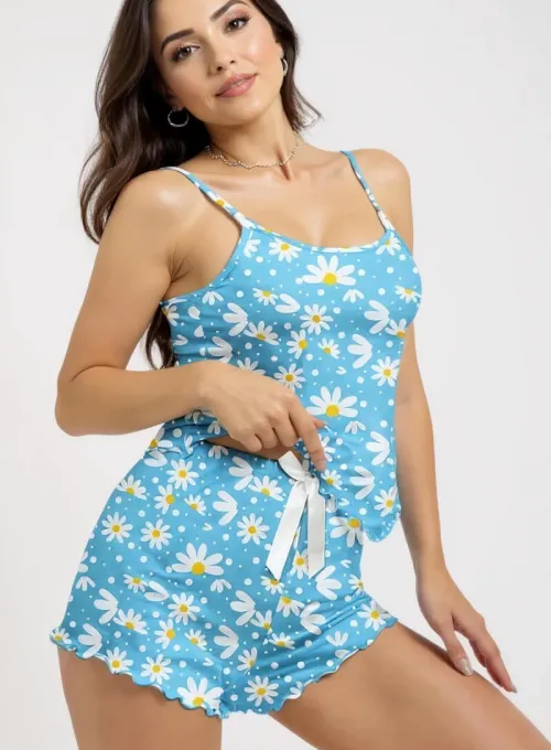 Papatya Baskılı Mavi Askılı Şortlu Pijama Takımı - 2