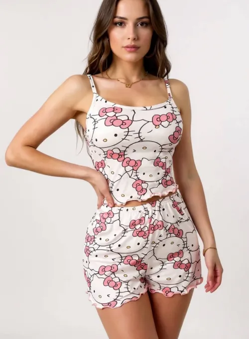 Hello Kitty Baskılı Askılı Şortlu Pijama Takımı - 2