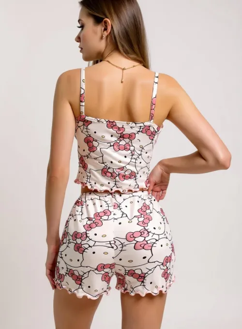 Hello Kitty Baskılı Askılı Şortlu Pijama Takımı - 5