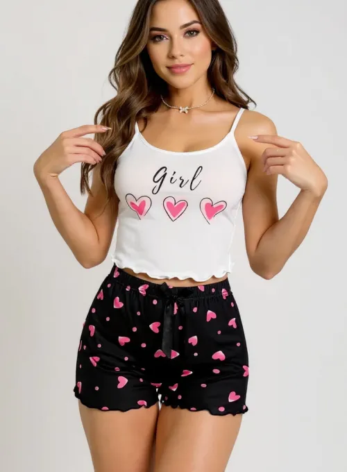 Kalp Desenli Askılı Şortlu Pijama Takımı - 2