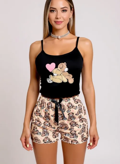 Renkli Ayıcık Desenli Askılı Şortlu Kadın Pijama Takımı - 2