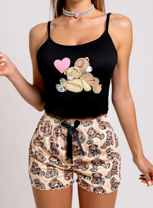 Renkli Ayıcık Desenli Askılı Şortlu Kadın Pijama Takımı - 3