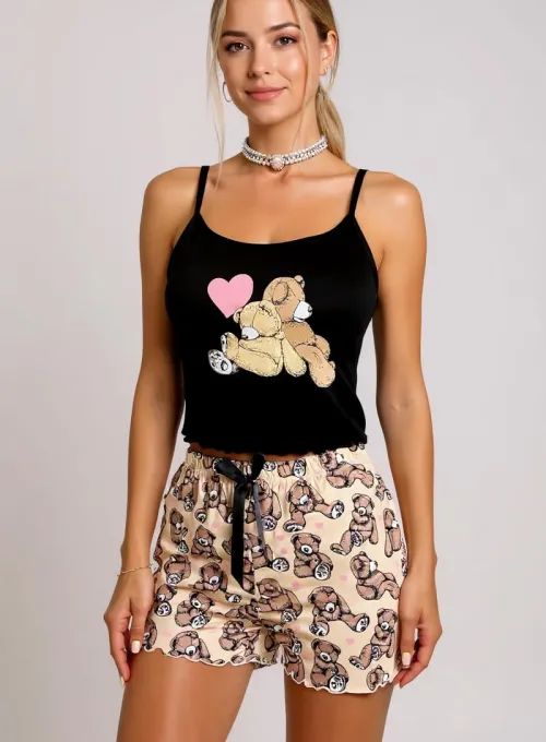 Renkli Ayıcık Desenli Askılı Şortlu Kadın Pijama Takımı - 4