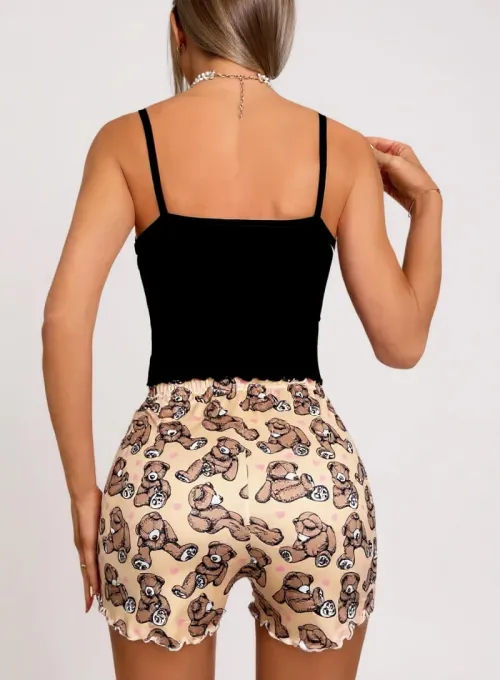 Renkli Ayıcık Desenli Askılı Şortlu Kadın Pijama Takımı - 5