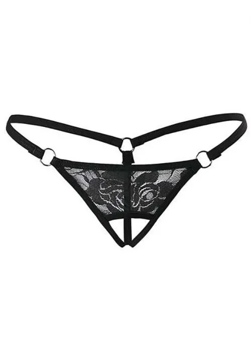 Siyah Dantelli Özel Bölgesi Açık G-String TM1167