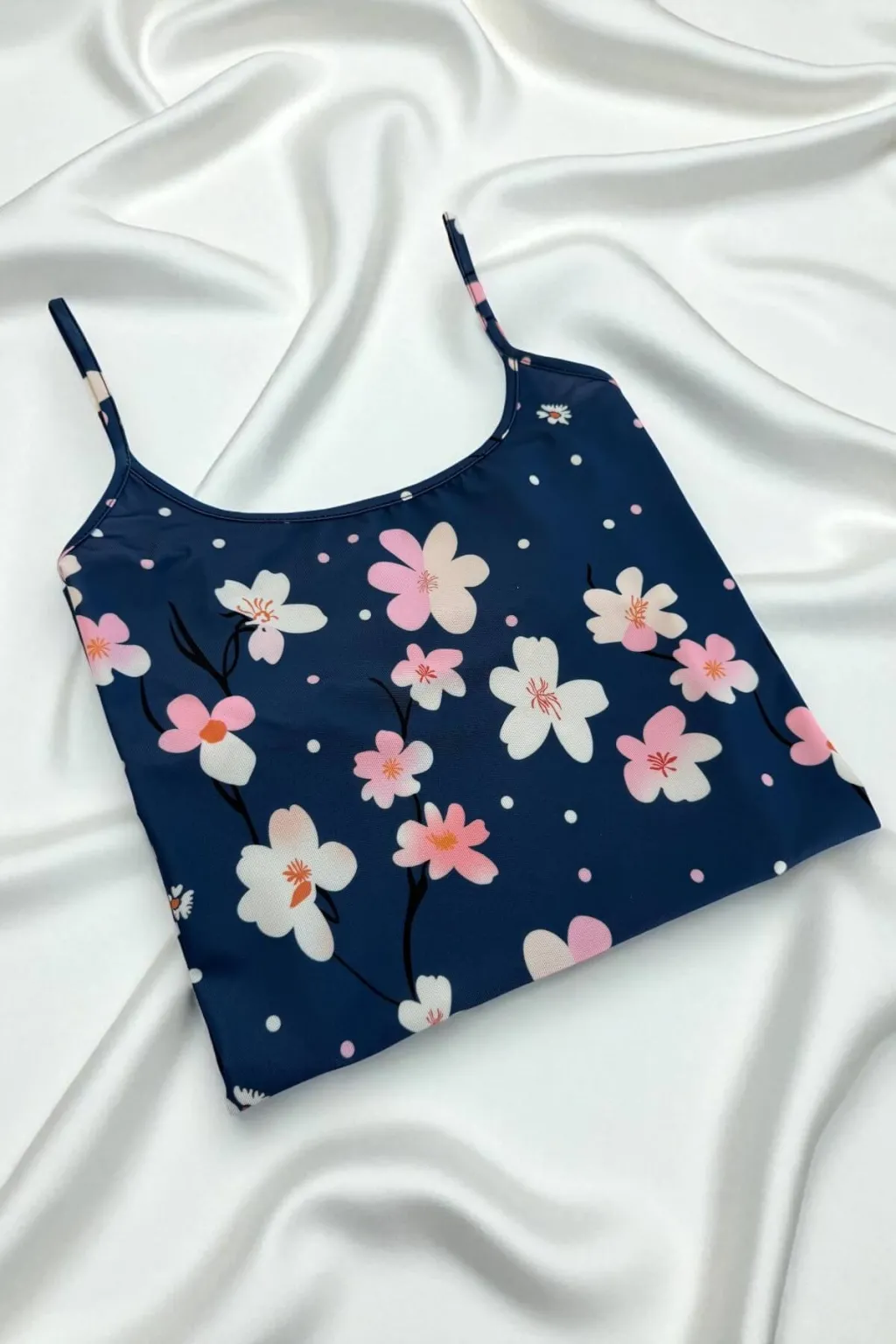 Çiçek Desenli Mavi Askılı Gecelik - 3