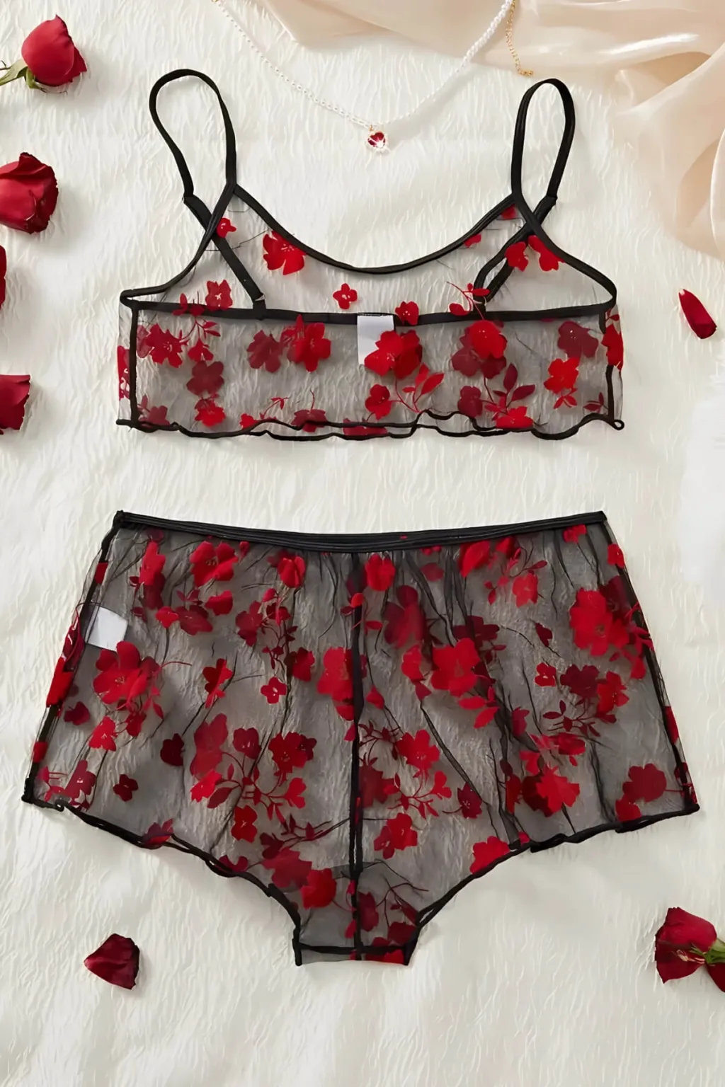 Çiçek Desenli Siyah Transparan Tül Şortlu Gecelik TM1377 - 4