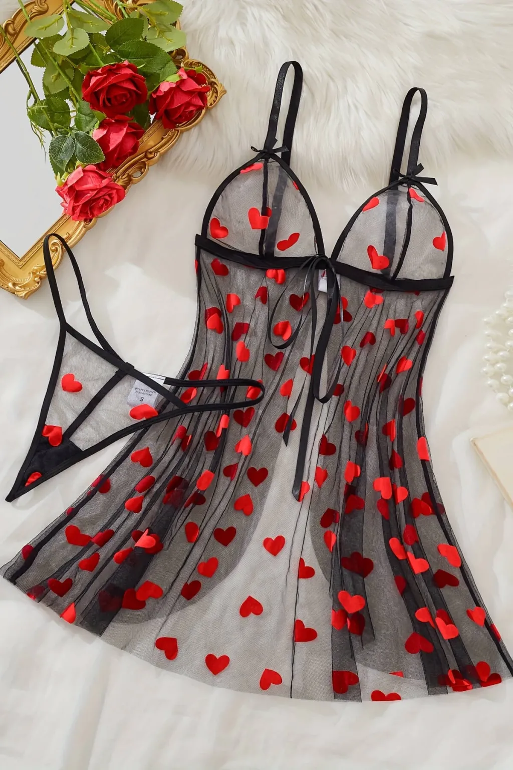 Kalp Desenli Siyah Transparan Tül Gecelik TM1378 - 2