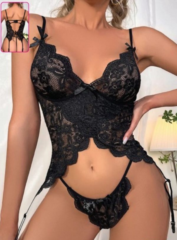 For Dreams 8460 Yumuşak Dantel Jartiyerli Bodysuit Tanga Bacak Aksesuarlı Jartiyer Takım