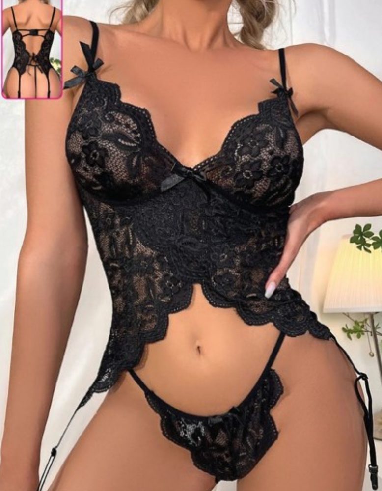 For Dreams 8460 Yumuşak Dantel Jartiyerli Bodysuit Tanga Bacak Aksesuarlı Jartiyer Takım