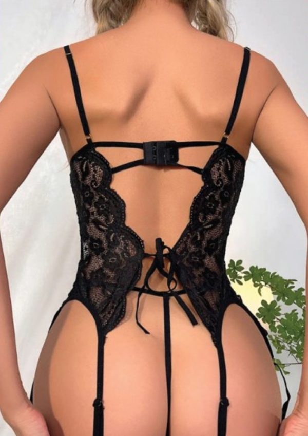 For Dreams 8460 Yumuşak Dantel Jartiyerli Bodysuit Tanga Bacak Aksesuarlı Jartiyer Takım